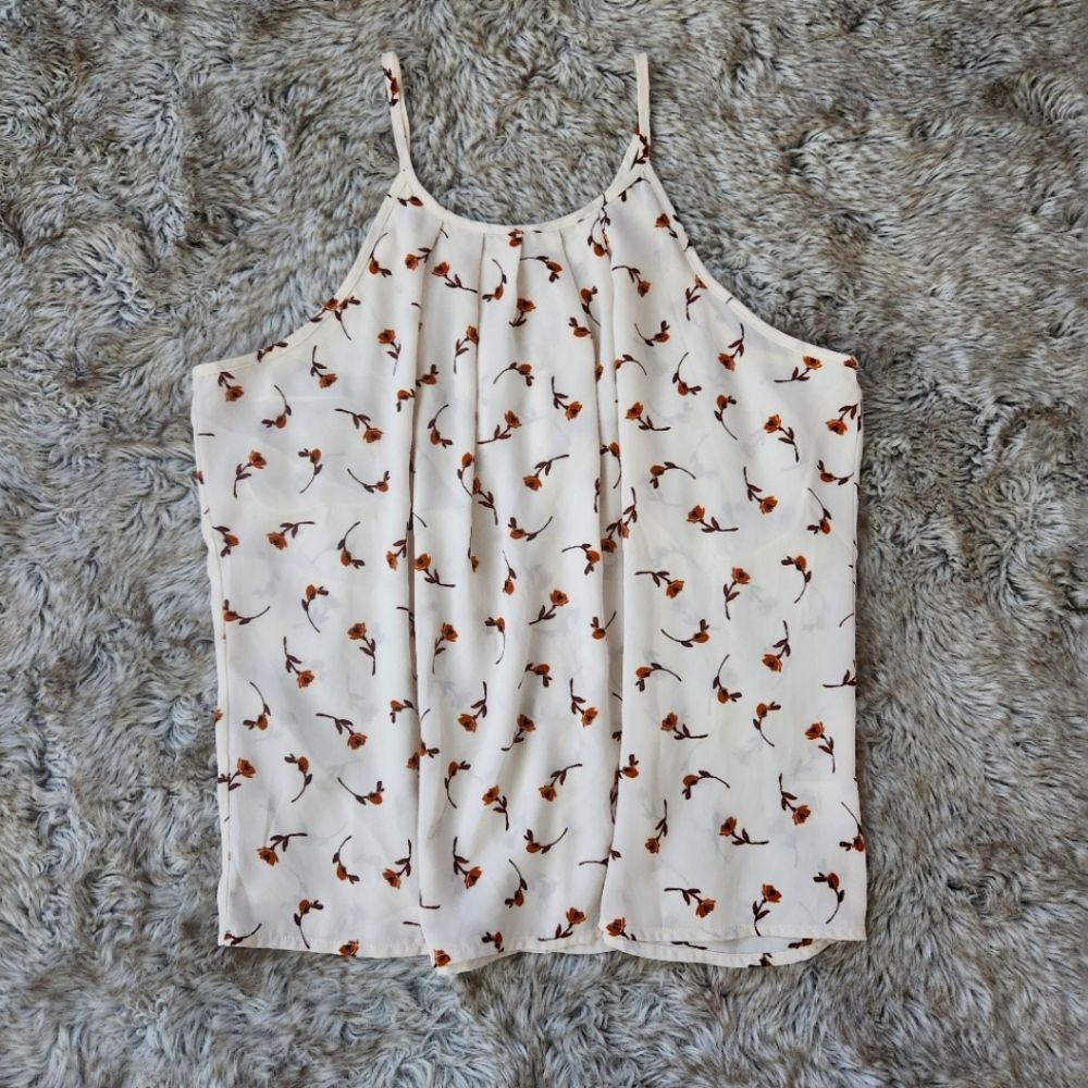 Mi Ami Spaghetti Strap‎ Pleated Front Draped Tank Top Floral Cream Size Large